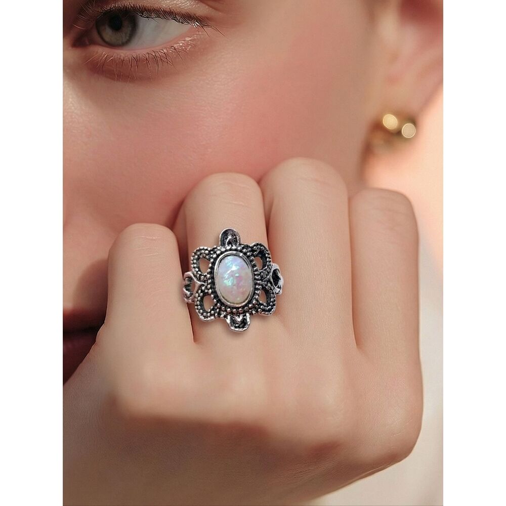 Western Flower Shimmery Opal Bead Silver Ring Boho Native American Jewelry Pinky
